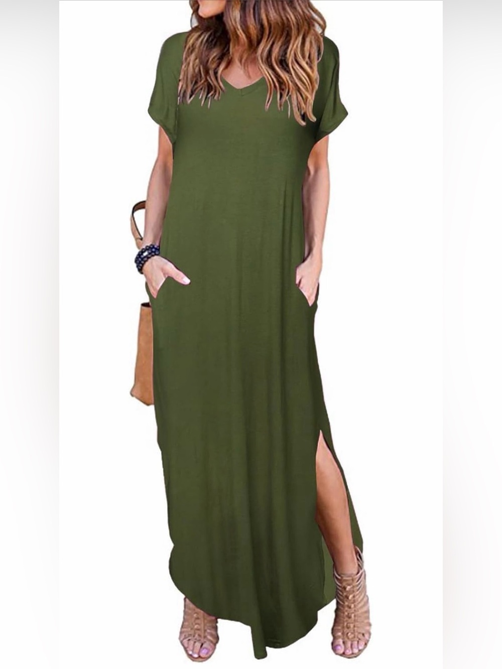 HUSKARY Army Green Split Maxi Dress Short Sleeve Pockets M